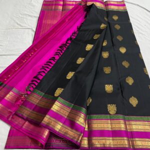 Kanjivaram Silk Saree: Black Body with Pink & Green Multi-Color Border