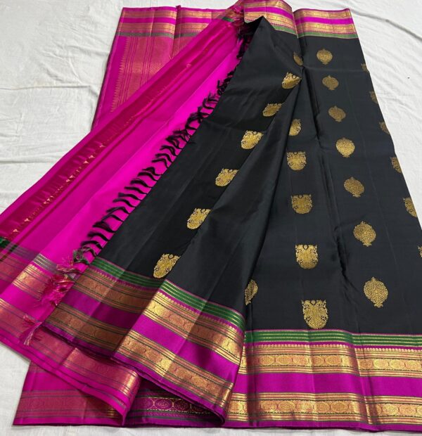 Kanjivaram Silk Saree: Black Body with Pink & Green Multi-Color Border