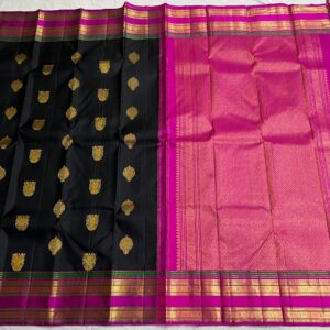 Kanjivaram Silk Saree: Black Body with Pink & Green Multi-Color Border