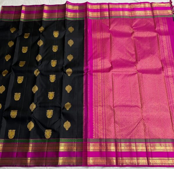 Kanjivaram Silk Saree: Black Body with Pink & Green Multi-Color Border