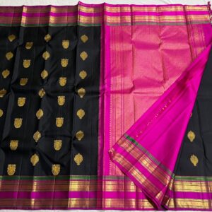 Kanjivaram Silk Saree: Black Body with Pink & Green Multi-Color Border