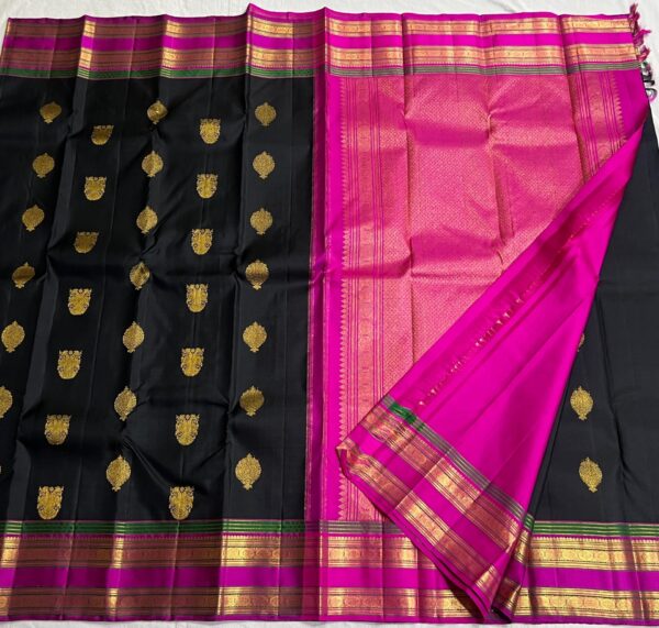 Kanjivaram Silk Saree: Black Body with Pink & Green Multi-Color Border