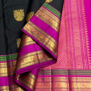 Kanjivaram Silk Saree: Black Body with Pink & Green Multi-Color Border