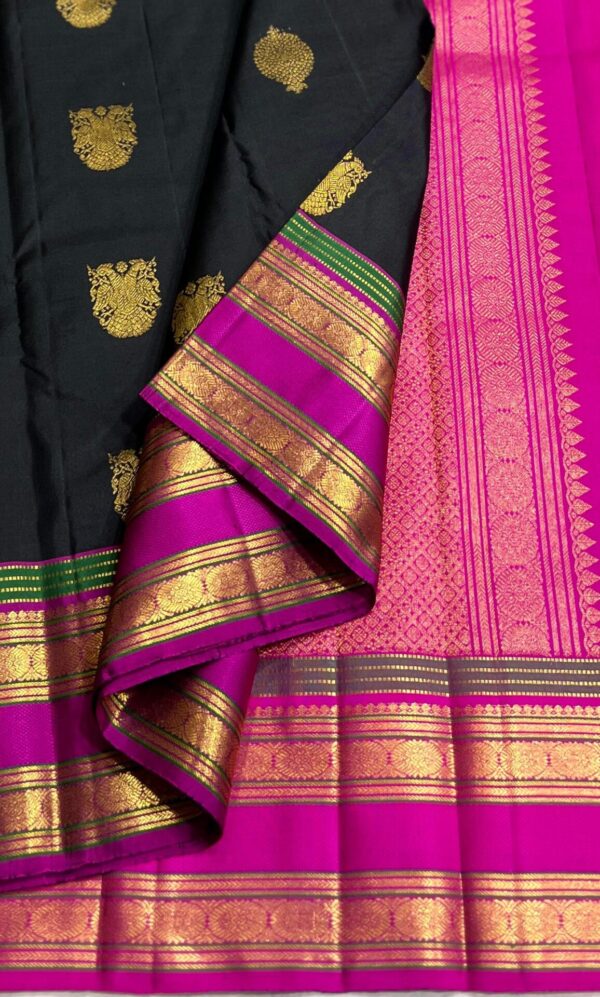 Kanjivaram Silk Saree: Black Body with Pink & Green Multi-Color Border