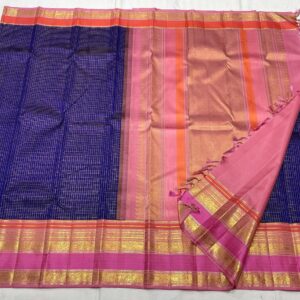 Blue Kanjivaram Silk Saree With Pink And Orange Multi Color Border