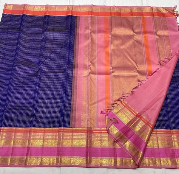 Blue Kanjivaram Silk Saree With Pink And Orange Multi Color Border