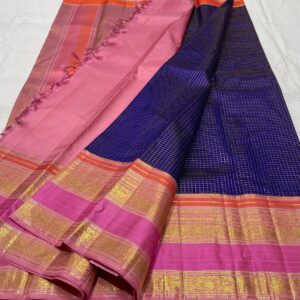 Blue Kanjivaram Silk Saree With Pink And Orange Multi Color Border