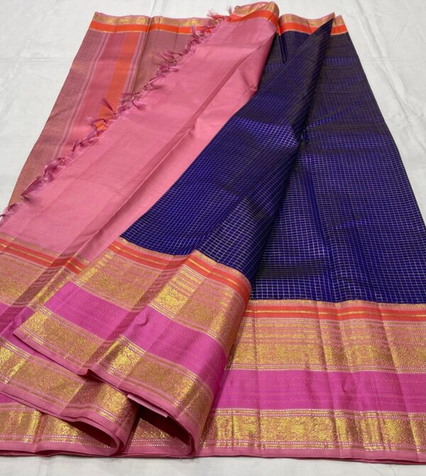 Blue Kanjivaram Silk Saree With Pink And Orange Multi Color Border