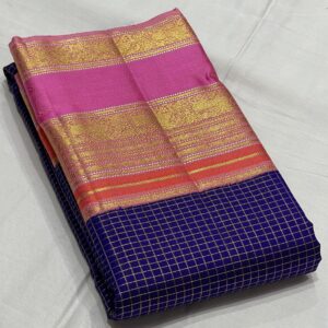 Blue Kanjivaram Silk Saree With Pink And Orange Multi Color Border