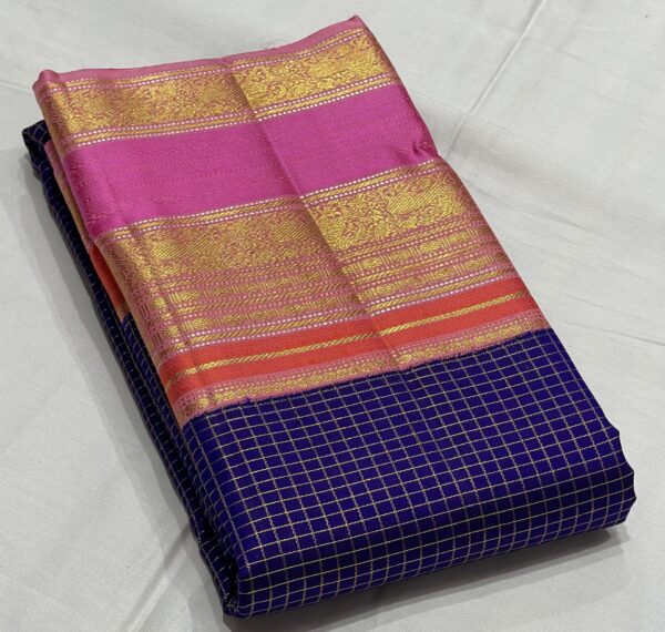 Blue Kanjivaram Silk Saree With Pink And Orange Multi Color Border