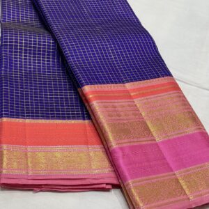 Blue Kanjivaram Silk Saree With Pink And Orange Multi Color Border