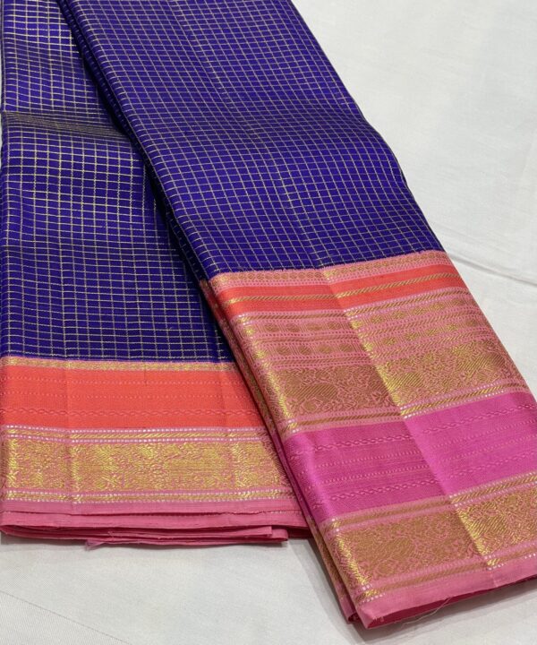 Blue Kanjivaram Silk Saree With Pink And Orange Multi Color Border