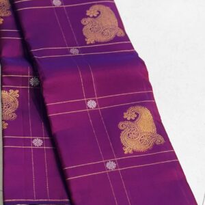 Kanjivaram Silk Saree in Self Magenta Body Color with Gold Zari Checks