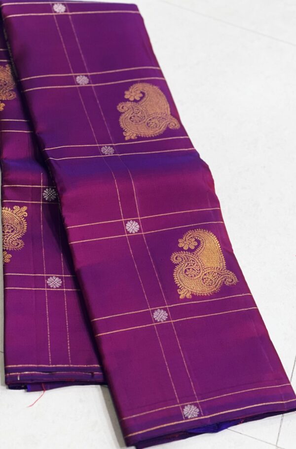 Kanjivaram Silk Saree in Self Magenta Body Color with Gold Zari Checks