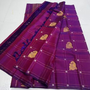 Kanjivaram Silk Saree in Self Magenta Body Color with Gold Zari Checks