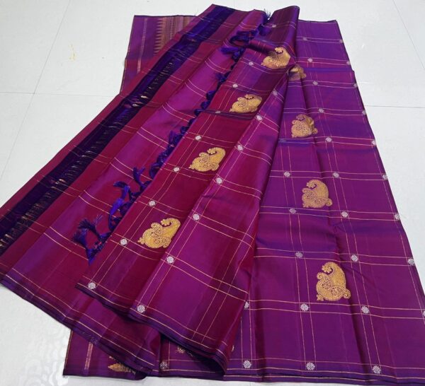 Kanjivaram Silk Saree in Self Magenta Body Color with Gold Zari Checks