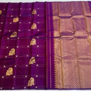 Kanjivaram Silk Saree in Self Magenta Body Color with Gold Zari Checks