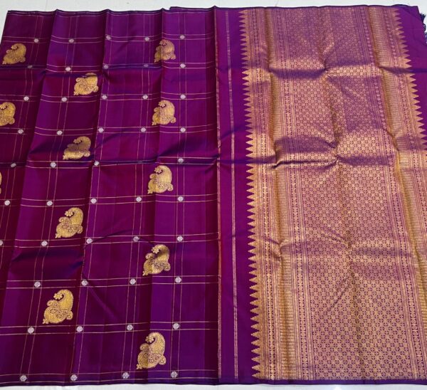 Kanjivaram Silk Saree in Self Magenta Body Color with Gold Zari Checks