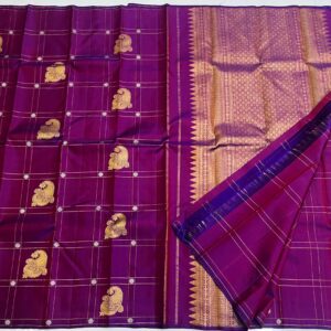 Kanjivaram Silk Saree in Self Magenta Body Color with Gold Zari Checks