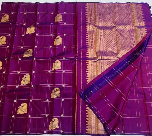 Kanjivaram Silk Saree in Self Magenta Body Color with Gold Zari Checks