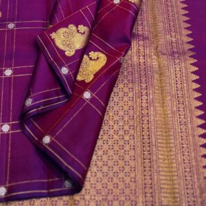 Kanjivaram Silk Saree in Self Magenta Body Color with Gold Zari Checks