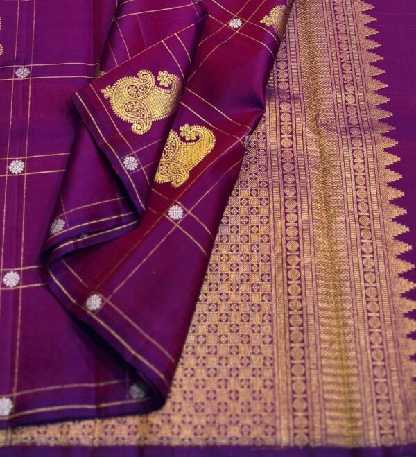 Kanjivaram Silk Saree in Self Magenta Body Color with Gold Zari Checks