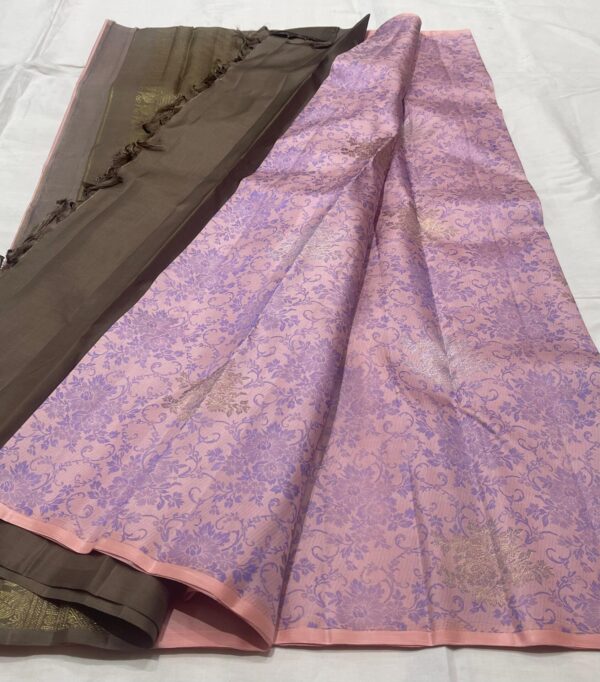 Kanjivaram Silk Saree in Baby Pink with Rich Coffee Brown