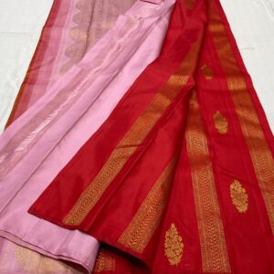 Red Kanjivaram silk saree With Pink Pallu And Blouse