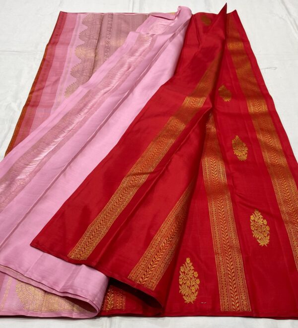 Red Kanjivaram silk saree With Pink Pallu And Blouse