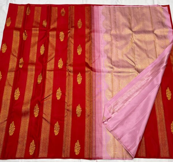 Red Kanjivaram silk saree With Pink Pallu And Blouse