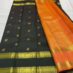 Dark Green Kanjivaram Silk Saree with Orange