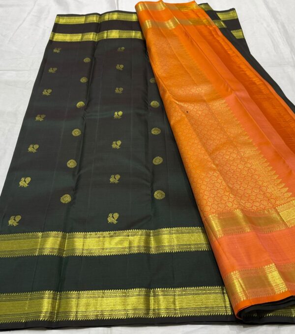 Dark Green Kanjivaram Silk Saree with Orange