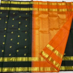 Dark Green Kanjivaram Silk Saree with Orange