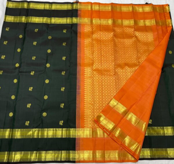 Dark Green Kanjivaram Silk Saree with Orange