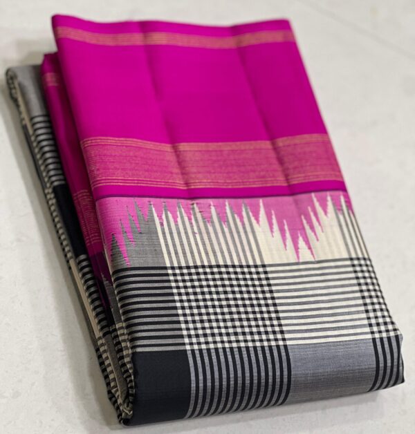 Black and White Kanjivaram Silk Saree with Pink Border