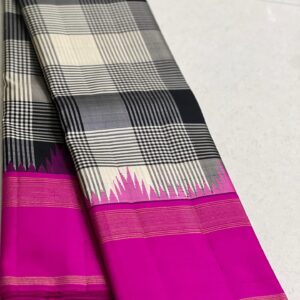 Black and White Kanjivaram Silk Saree with Pink Border