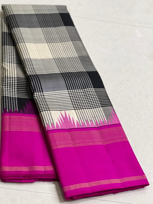 Black and White Kanjivaram Silk Saree with Pink Border