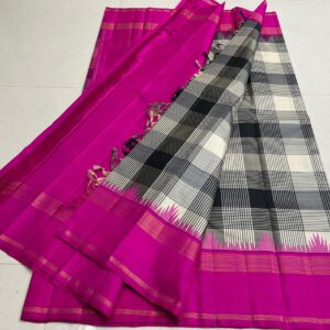 Black and White Kanjivaram Silk Saree with Pink Border