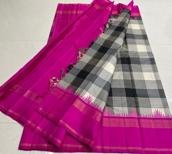 Black and White Kanjivaram Silk Saree with Pink Border