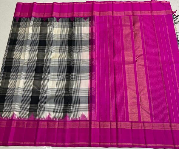 Black and White Kanjivaram Silk Saree with Pink Border