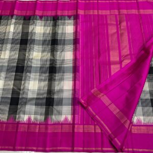 Black and White Kanjivaram Silk Saree with Pink Border