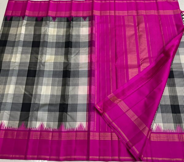 Black and White Kanjivaram Silk Saree with Pink Border