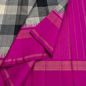 Black and White Kanjivaram Silk Saree with Pink Border