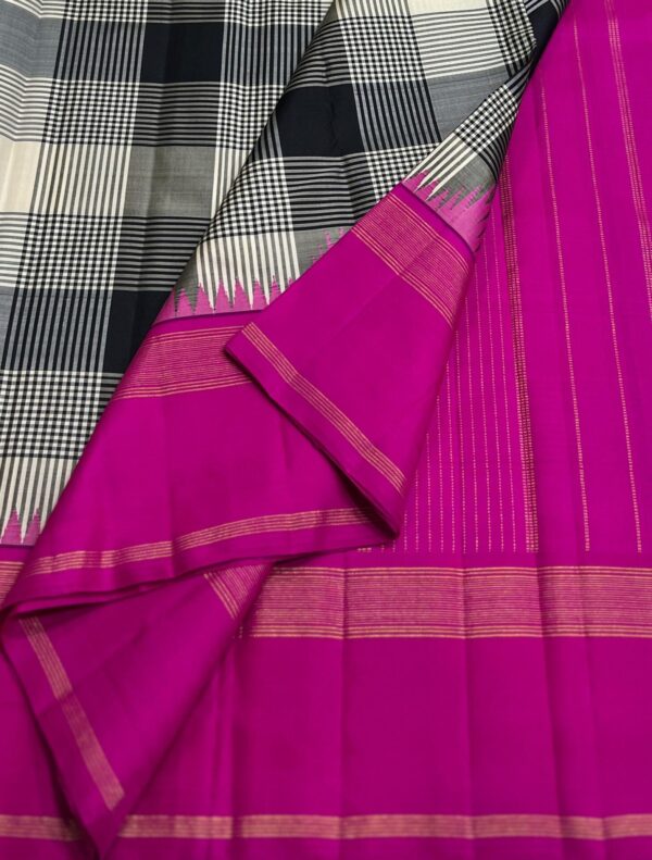 Black and White Kanjivaram Silk Saree with Pink Border