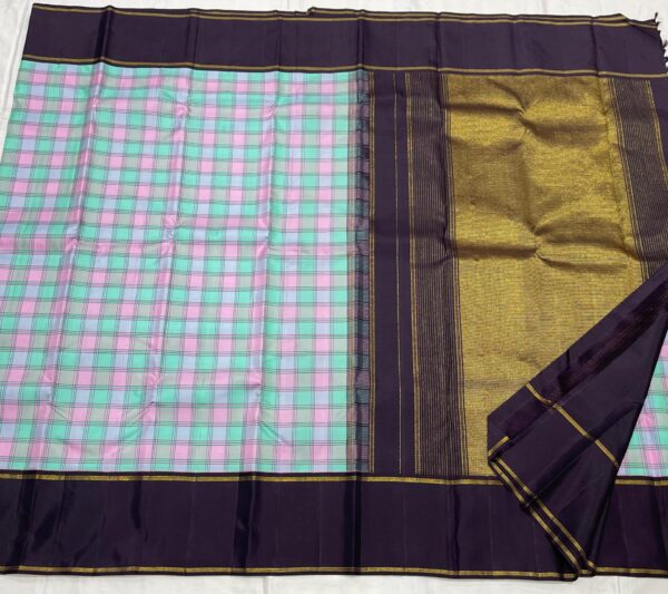 Kanjivaram Silk Saree in Light Blue and Pink Multi-Shade with Black Border