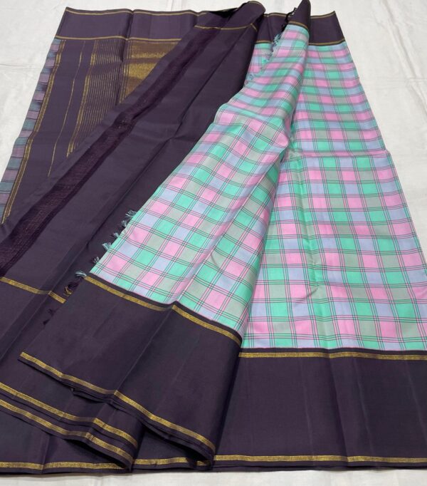 Kanjivaram Silk Saree in Light Blue and Pink Multi-Shade with Black Border