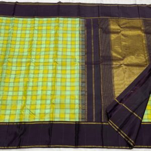 Kanjivaram Silk Saree with Multi-Shade Body, Black Border, and Multi-Shade Checks Design