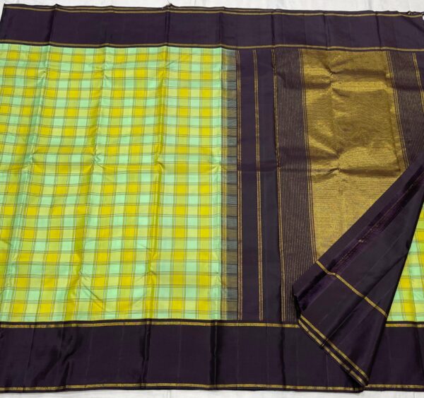 Kanjivaram Silk Saree with Multi-Shade Body, Black Border, and Multi-Shade Checks Design