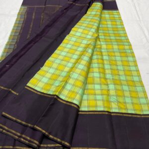 Kanjivaram Silk Saree with Multi-Shade Body, Black Border, and Multi-Shade Checks Design