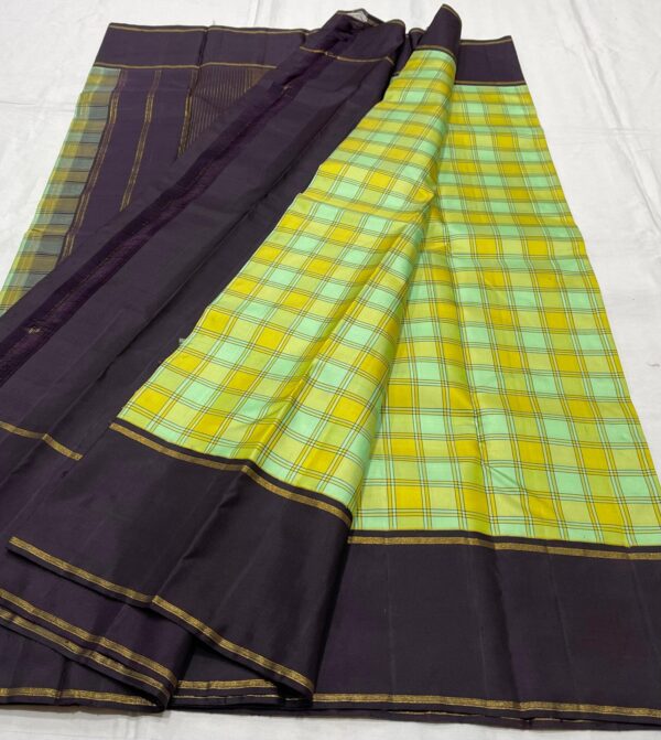 Kanjivaram Silk Saree with Multi-Shade Body, Black Border, and Multi-Shade Checks Design